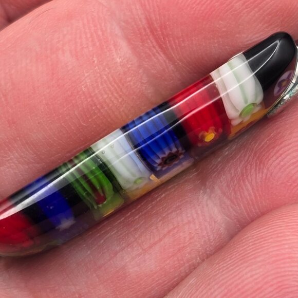 Murano Millefiori Glass Pendant 1.75x.75" Multicolored Floral Mosaic 18k GP Bail - Picture 5 of 7